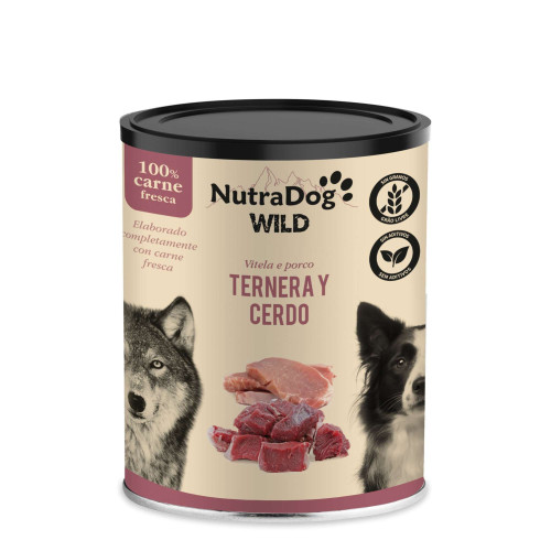 Alimento húmedo 100 % natural de ternera y cerdo para perros NutraDog WILD. Pack Ahorro 3 x 800gr