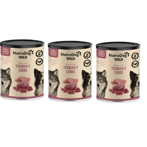 Alimento húmedo 100 % natural de ternera y cerdo para perros NutraDog WILD. Pack Ahorro 3 x 800gr