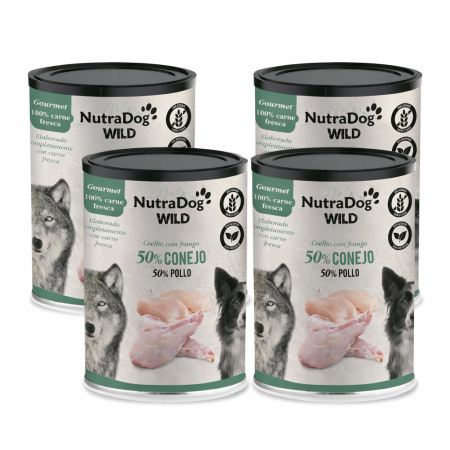 Alimento húmedo 100 % natural de conejo y pollo para perros NutraDog WILD Gourmet. Pack Ahorro 4 x 400gr