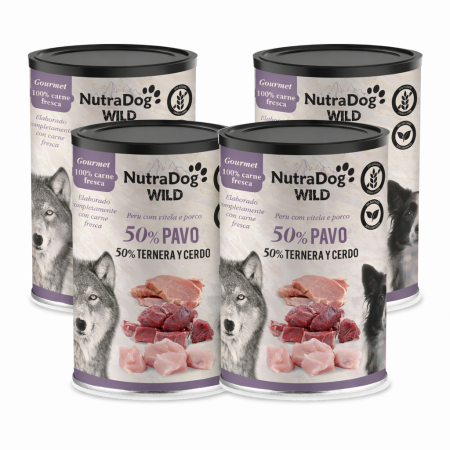 Alimento húmedo 100 % natural de pavo, ternera y cerdo para perros NutraDog WILD Gourmet. Pack Ahorro 4 x 400gr