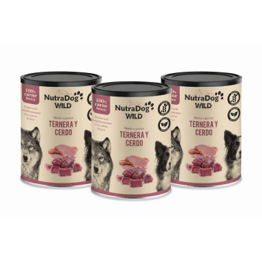 Alimento húmedo 100 % natural de ternera y cerdo para perros NutraDog WILD. Pack Ahorro 3 x 800gr