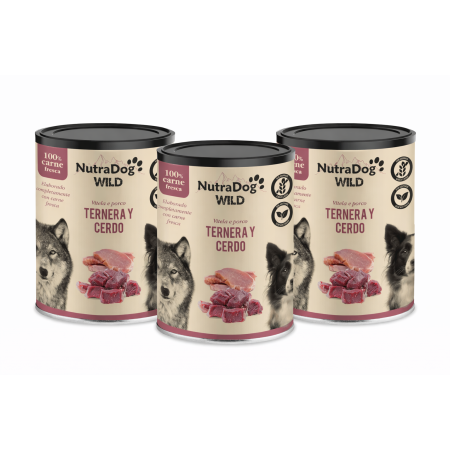 Alimento húmedo 100 % natural de ternera y cerdo para perros NutraDog WILD. Pack Ahorro 3 x 800gr