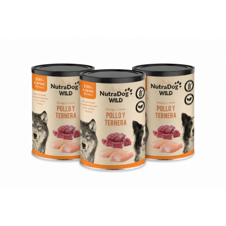 Alimento húmedo 100 % natural de pollo y ternera para perros NutraDog WILD. Pack Ahorro 3 x 800g