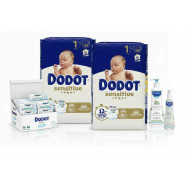 Pack Súper Ahorro: Pañales dodot sensitive  talla 1 + Toallitas Dodot Pure + Gel de baño Mustela + Colonia Mustela