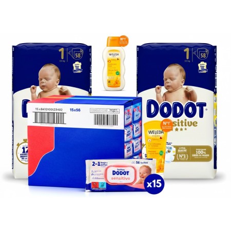 Pack Súper Ahorro: Pañales dodot sensitive  talla 1 + Toallitas Dodot sensitive + Gel champu Weleda+ Aceite Weleda