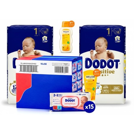 Pack Súper Ahorro: Pañales dodot sensitive  talla 1 + Toallitas Dodot sensitive + Gel champu Weleda+ Aceite Weleda