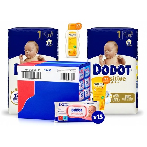Pack Súper Ahorro: Pañales dodot sensitive  talla 1 + Toallitas Dodot sensitive + Gel champu Weleda+ Aceite Weleda