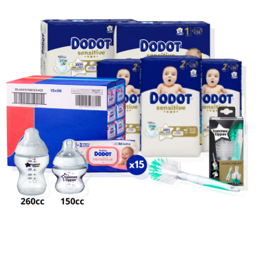 Pack Súper Ahorro: Pañales Dodot Sensitive Talla 1 + Talla 2 + Toallitas Sensitive + Biberones y Cepillo Tommee Tippee