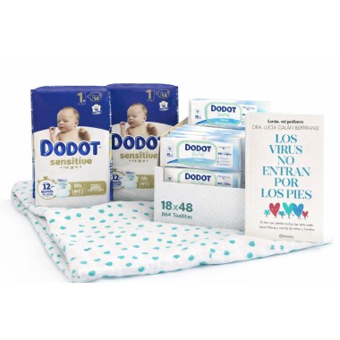 Pack Súper Ahorro Pañales Dodot Sensitive Talla 1 (116 uds) + Toallitas Pure Aqua + Libro + Muselina Recién Nacido