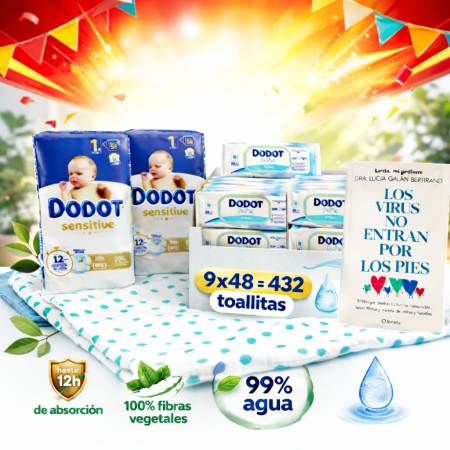Pack Súper Ahorro Pañales Dodot Sensitive Talla 1 (116 uds) + Toallitas Pure Aqua + Libro + Muselina Recién Nacido
