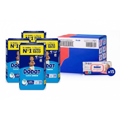 Pack Súper Ahorro:  Pañales Dodot Bebé Seco Talla 4 (4x58) + Toallitas Sensitive