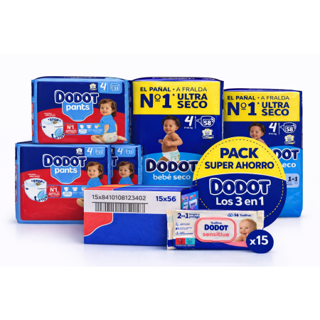 Pack Súper Ahorro: Pañales Dodot Bebe Seco Talla 4 + Pants Talla 4 + Toallitas Sensitive