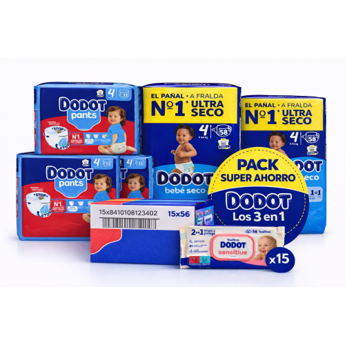 Pack Súper Ahorro: Pañales Dodot Bebe Seco Talla 4 + Pants Talla 4 + Toallitas Sensitive