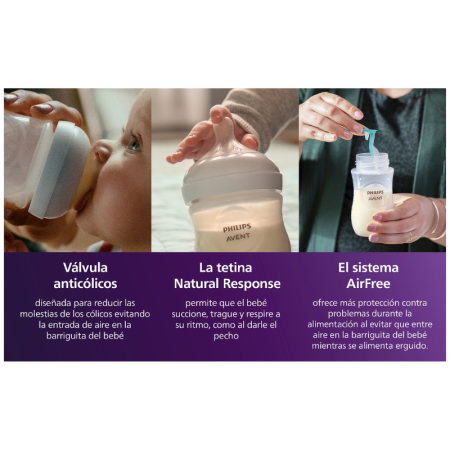 Philips Avent Set Recién Nacido Natural Response AirFree – 4 Biberones (2x125 ml + 2x260 ml) + Chupete 0-6 m + Cepillo | Más Pañ