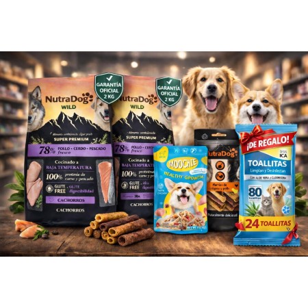 Pack Súper Ahorro NutraDog Cachorros (4kg) + Pouch + Barritas + Toallitas GRATIS