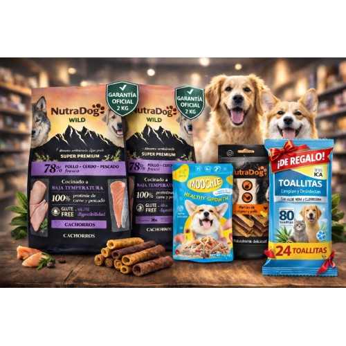 Pack Súper Ahorro NutraDog Cachorros (4kg) + Pouch + Barritas + Toallitas GRATIS