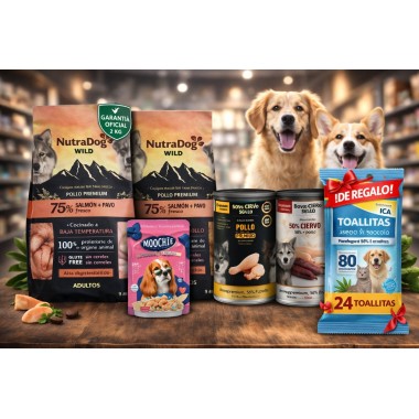 Pack Súper Ahorro NutraDog Pescado y Pollo para Perros (4 kg) + 2 Latas Gourmet + Pouch + Toallitas GRATIS