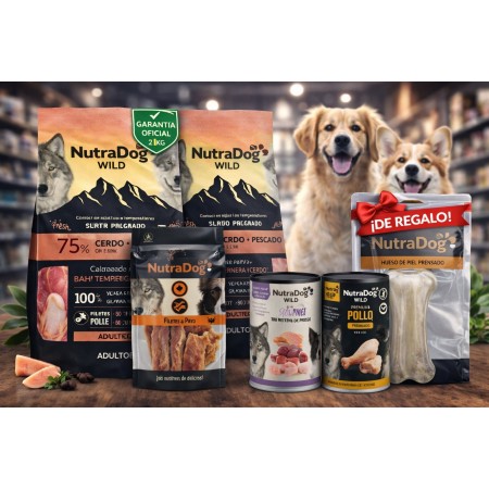 Pack Súper Ahorro NutraDog Cerdo y Pescado para Perros (4 kg) + 2 Latas Naturales + Snack de Pato + Hueso GRATIS