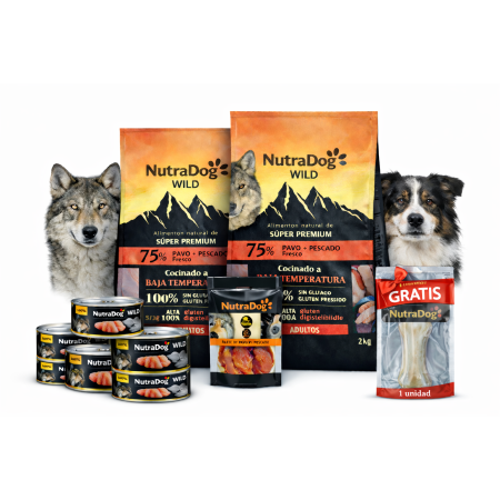 Pack Súper Ahorro NutraDog Pavo y Pescado para Perros (4 kg) + 3 Latas de Pollo + Snack de Pollo + Hueso GRATIS