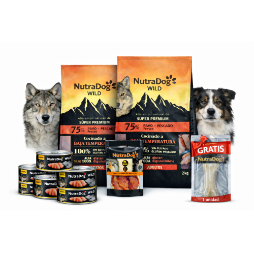 Pack Súper Ahorro NutraDog Pavo y Pescado para Perros (4 kg) + 3 Latas de Pollo + Snack de Pollo + Hueso GRATIS