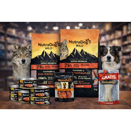 Pack Súper Ahorro NutraDog Pavo y Pescado para Perros (4 kg) + 3 Latas de Pollo + Snack de Pollo + Hueso GRATIS