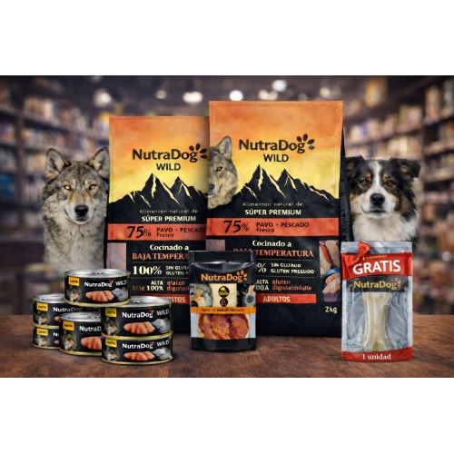 Pack Súper Ahorro NutraDog Pavo y Pescado para Perros (4 kg) + 3 Latas de Pollo + Snack de Pollo + Hueso GRATIS
