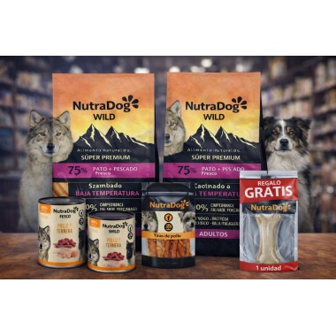 Pack Súper Ahorro NutraDog Pato y Pescado para Perros (4 kg) + 2 Latas Naturales + Snack de Pollo + Hueso GRATIS