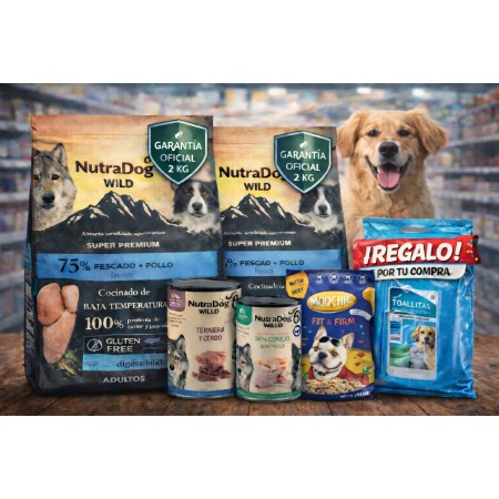 Pack Súper Ahorro NutraDog Pescado y Pollo para Perros (4 kg) + 2 Latas Gourmet + Pouch + Toallitas GRATIS