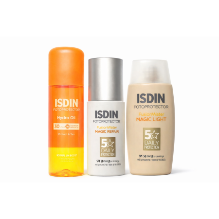 Pack Súper Ahorro ISDIN Fotoprotector – Hydro Oil SPF30 + Fusion Water Magic Repair SPF50 + Fusion Water Magic Light SPF50