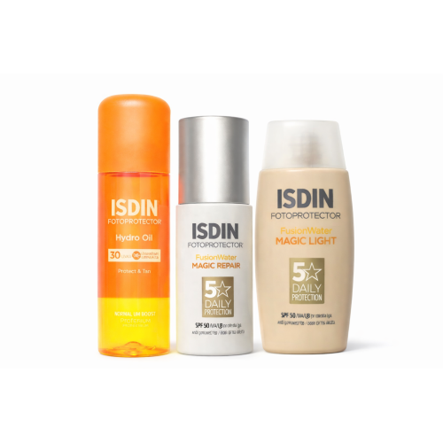 Pack Súper Ahorro ISDIN Fotoprotector – Hydro Oil SPF30 + Fusion Water Magic Repair SPF50 + Fusion Water Magic Light SPF50
