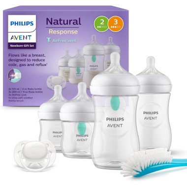 Philips Avent Set Recién Nacido Natural Response AirFree – 4 Biberones (2x125 ml + 2x260 ml) + Chupete 0-6 m + Cepillo | Más Pañ