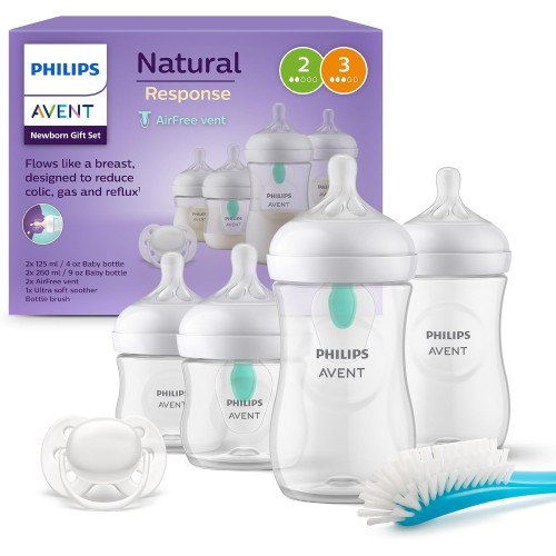 Philips Avent Set Recién Nacido Natural Response AirFree – 4 Biberones (2x125 ml + 2x260 ml) + Chupete 0-6 m + Cepillo | Más Pañ