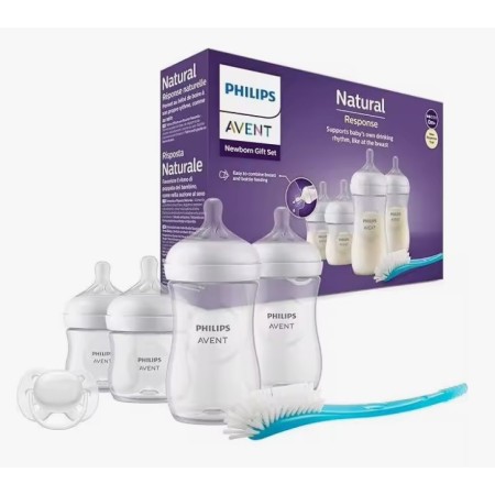 Philips Avent Set Recién Nacido Natural Response  – 4 Biberones (2x125 ml + 2x260 ml)  + Chupete 0-6 m + Cepillo| Más Pañales