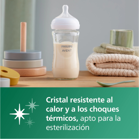 Biberón Philips Avent Natural Response Cristal 240 ml No-Drip, Antigoteo, Pure Glass, Flujo Medium (3-6 Meses)