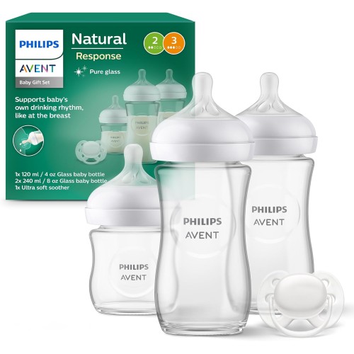 Biberón Philips Avent Natural Response Cristal 240 ml No-Drip, Antigoteo, Pure Glass, Flujo Medium (3-6 Meses)