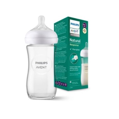 Biberón Philips Avent Natural Response Cristal 240 ml No-Drip, Antigoteo, Pure Glass, Flujo Medium (3-6 Meses)