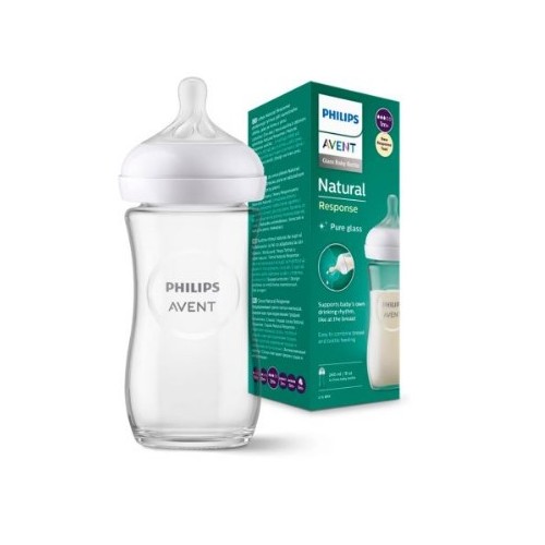 Biberón Philips Avent Natural Response Cristal 240 ml No-Drip, Antigoteo, Pure Glass, Flujo Medium (3-6 Meses)