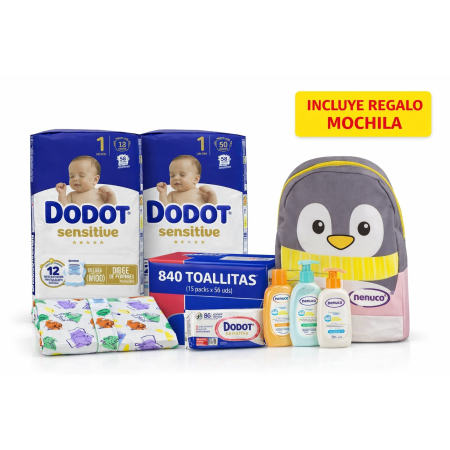 Pack Súper ahorro bebé Dodot Sensitive + Nenuco + toallitas 840 uds + cambiador + Regalo Mochila