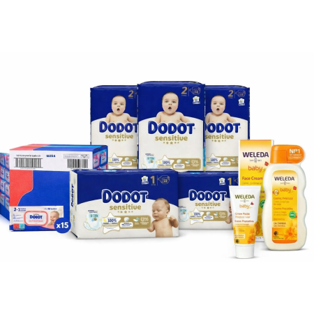 Pack Súper Ahorro Dodot Sensitive Talla 1 y 2 + Toallitas + Weleda Caléndula | Kit Completo Recién Nacido