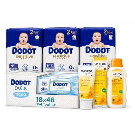 Pack Pañales Dodot Sensitive Talla 2 + Toallitas Pure Aqua + Weleda Caléndula Bebé