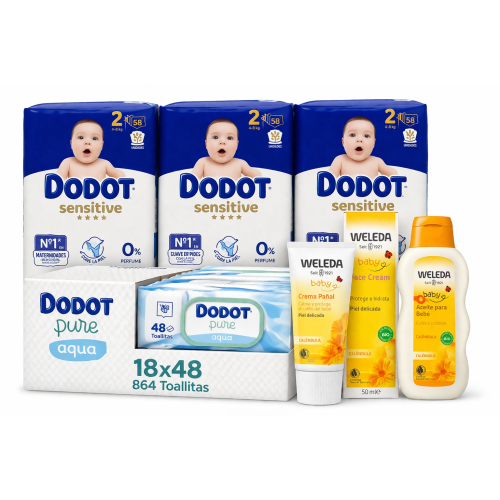 Pack Pañales Dodot Sensitive Talla 2 + Toallitas Pure Aqua + Weleda Caléndula Bebé