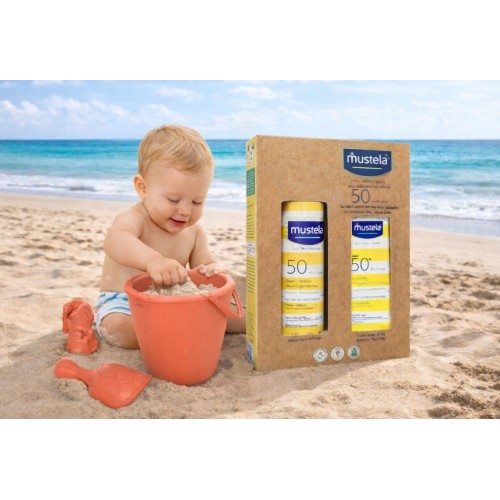 Pack Playa Bebé Mustela + Cubo de Arena (protector solar SPF50 + juguetes playa)