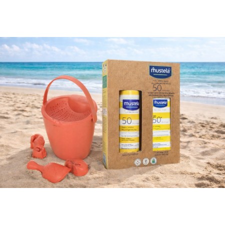 Pack Playa Bebé Mustela + Cubo de Arena (protector solar SPF50 + juguetes playa)