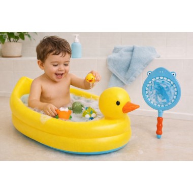 Pack Súper Ahorro Diversión en el Agua Bebé con Bañera Hinchable Patito + Juguetes de Baño (baño, jardín y playa)