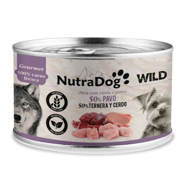 NutraDog WILD Gourmet Alimento Húmedo Natural Pavo, Ternera y Cerdo 200g para Perros – Receta Premium en Formato Individual