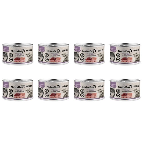 NutraDog WILD Gourmet Alimento Húmedo Natural Pavo, Ternera y Cerdo para Perros 8x200g – Receta Premium Completa