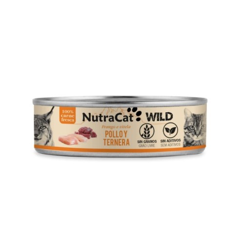 NutraCat WILD Alimento Húmedo Natural Pollo y Ternera para Gatos 12 x 80 g – Comida Completa Premium