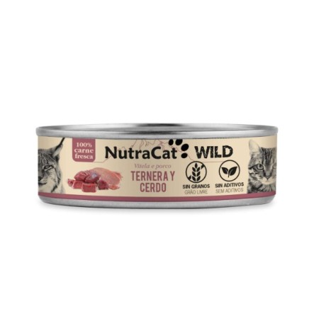NutraCat WILD Alimento Húmedo Natural Ternera y Cerdo para Gatos 12 x 80 g – Comida Completa Premium