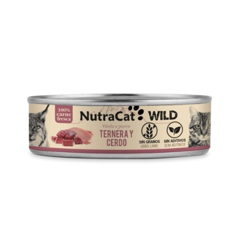 NutraCat WILD Alimento Húmedo Natural Ternera y Cerdo para Gatos 12 x 80 g – Comida Completa Premium