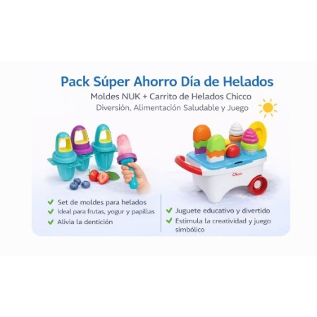 Pack Súper Ahorro Día de Helados – Moldes NUK + Carrito de Helados Chicco | Diversión, Alimentación Saludable y Juego